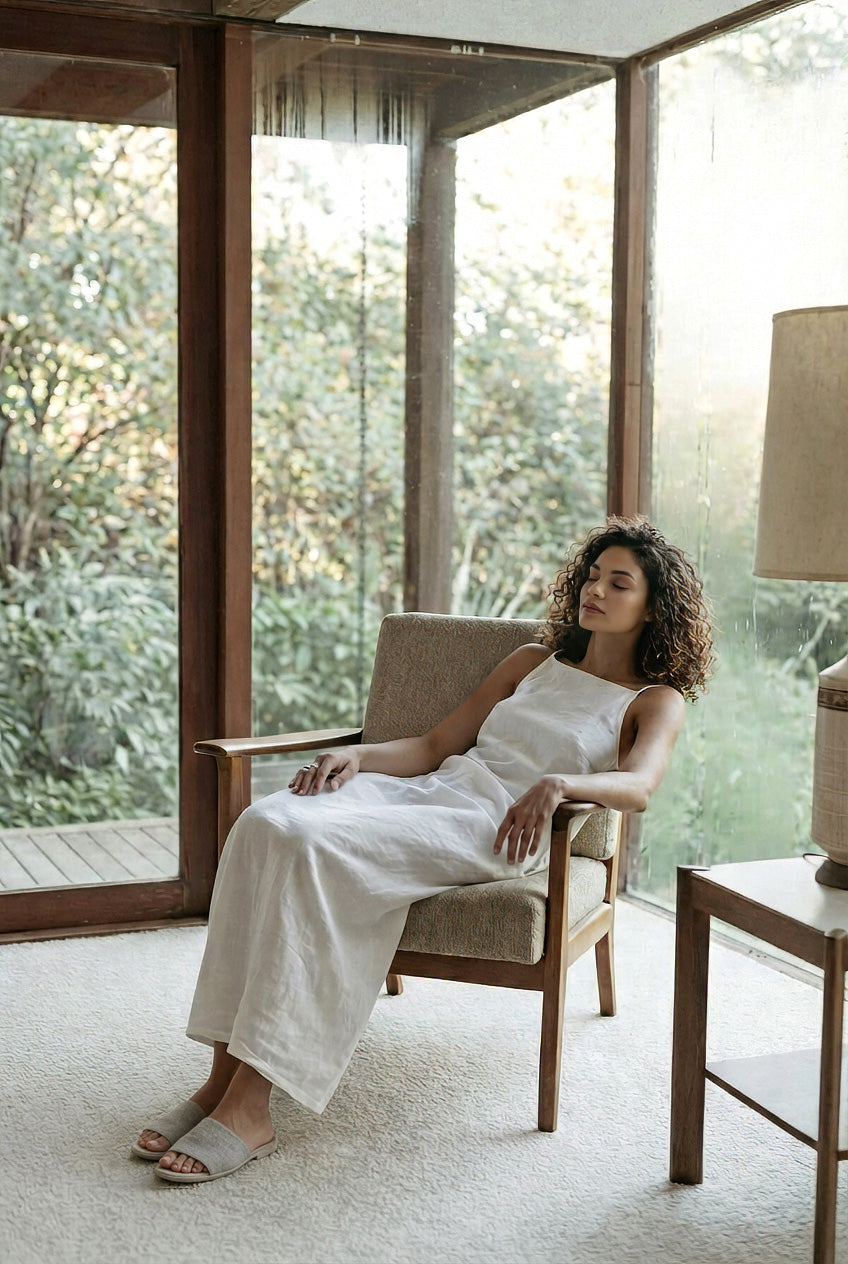 White Linen Maxi Dress with Pockets | Minimalist Square Neck