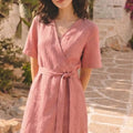 Women's Linen Wrap Dress | Blush Salmon Midi V-Neck | Sonfre