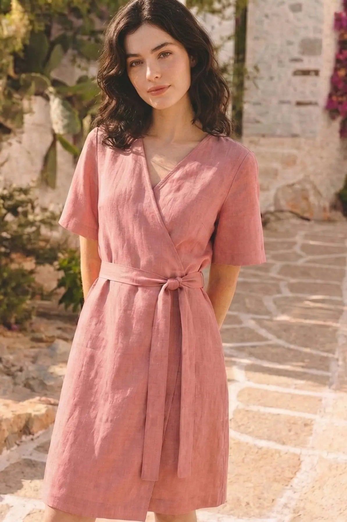 Women's Linen Wrap Dress | Blush Salmon Midi V-Neck | Sonfre
