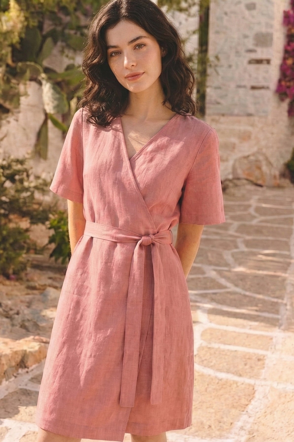 Women's Linen Wrap Dress | Blush Salmon Midi V-Neck | Sonfre